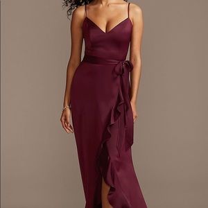 David’s Bridal Spaghetti Strap Ruffled Bridesmaid Dress, color Wine. Size 8